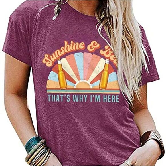 Tzeal Tops - New Small SUNSHINE AND BEER THATS WHY I'M HERE Purple T-Shirt Funny Grap…